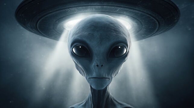 A gray alien with large black eyes and a slender face stands beneath a hovering UFO emitting bright lights. The background is dark and mysterious.