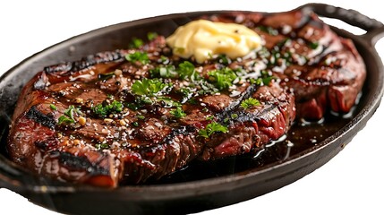 A cooked steak in a cast iron skillet topped with butter and parsley on a white background close up