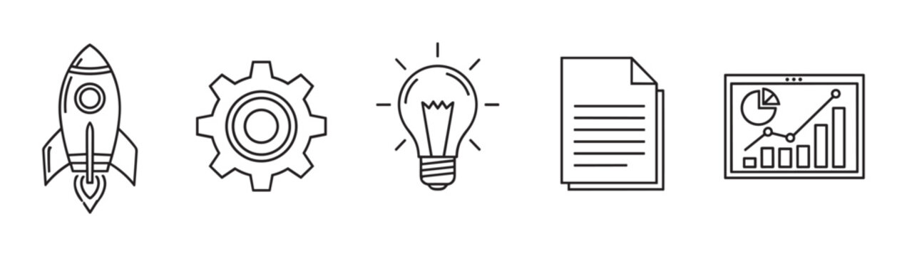Minimalist line art icon set for business development and startup concepts, featuring a rocket, gear, lightbulb, document, and a screen with an analytics growth chart