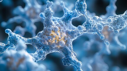 Microscopic view of interconnected cells with glowing core.