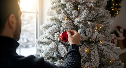 Man decorating a frosted christmas tree with red ornament near a window during daytime