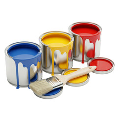 Three cans of colorful paint with brush isolated on transparent background