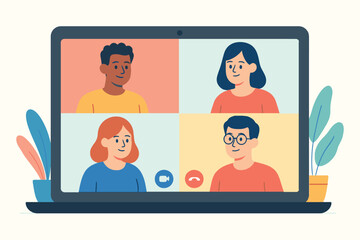 Diverse group of people on a video conference call on a laptop screen