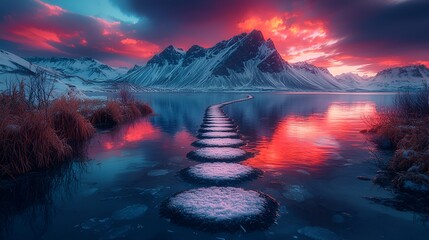 Serene winter landscape with snowy stepping stones leading to mountains at sunset.