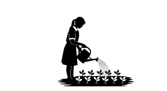 Student watering seedlings in school garden on transparent background