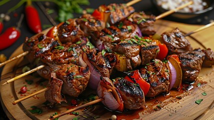 Grilled meat skewers with vegetables on a wooden board close up delicious and appetizing dish presentation