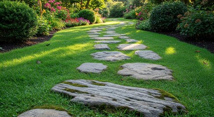 A stone path winding through a lush garden with vibrant green grass and colorful flowers, leading towards a distant view of a serene pond.