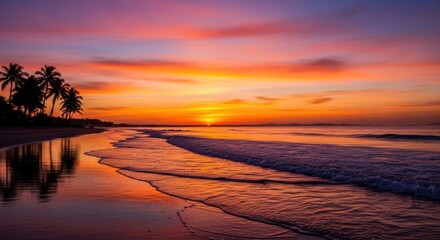 A vibrant sunset over a tropical beach with palm trees silhouetted against the sky.