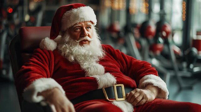 Energetic Santa Claus resting on gym equipment after a vigorous workout, chatting and giving a thumbs up while gearing up for the busy Christmas season and gift giving joy