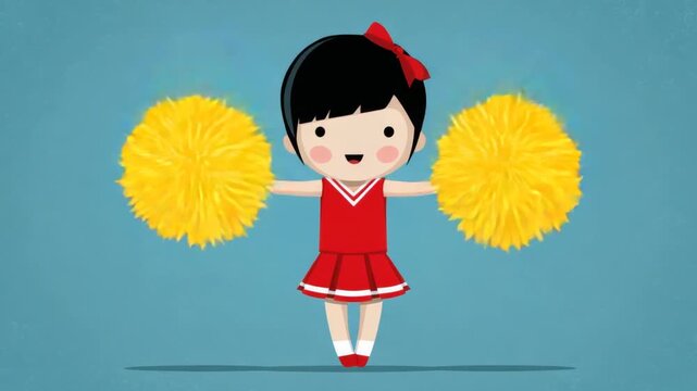 Cute cartoon cheerleader girl with pom-poms