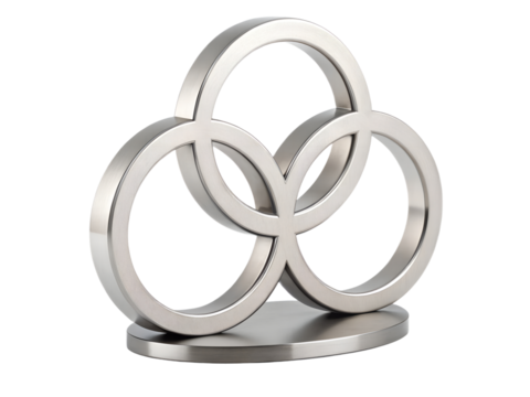 Three metal rings sculpture isolated on transparent background, modern art object
