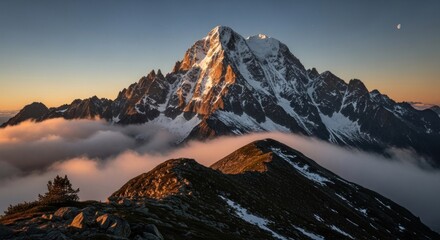 A majestic mountain peak rising above a sea of clouds at sunset, with a lone tree on the foreground and a moon in the sky.