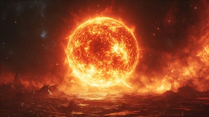 Fiery sun rising over a volcanic landscape.