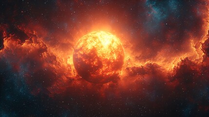 Fiery planet in nebula, cosmic clouds, bright star.