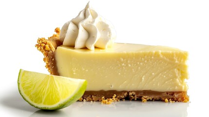 A slice of key lime pie with graham cracker crust and whipped cream with a lime wedge on a white surface