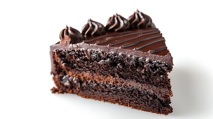 A close up view of a slice of rich chocolate cake with frosting on a white background surface