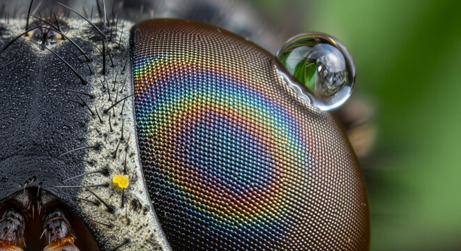 Iridescent Insect Compound Eye with a Water Droplet
An extreme close-up macro photograph revealing the stunning detail and iridescence of a large insect's compound eye - Powered by Adobe