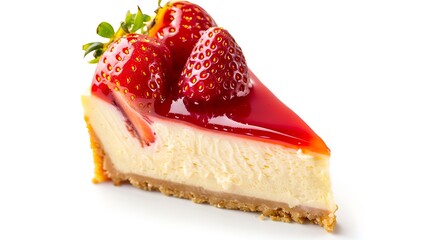 A slice of strawberry cheesecake with a graham cracker crust on a white surface in a studio shot