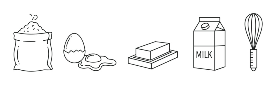 A simple collection of baking ingredients and a kitchen utensil in a minimalist line art style, featuring a flour sack, cracked egg, butter, milk carton, and a whisk