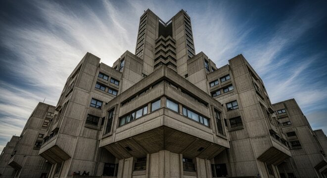 A large, imposing concrete building with a high, pointed tower, set against a blue sky with white clouds.