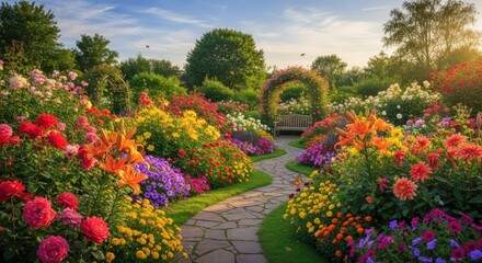 A vibrant garden scene with a winding stone path, colorful flowers, and a wooden bench under a archway.