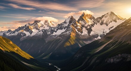 A majestic mountain range with snow-capped peaks and lush green valleys at sunset, with a river winding through the lower slopes.