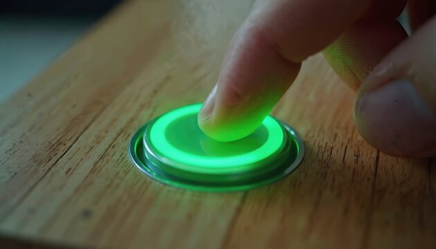 Human finger presses glowing green power button. Button on wooden surface. Photo tech activation energy concept. Visual modern bright, functional. Represents technology readiness.