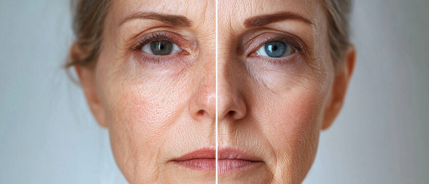 The left side of the face shows signs of ageing, while the right side has smooth skin, which highlights the effectiveness of cosmetic procedures and provides a compelling visual backdrop 