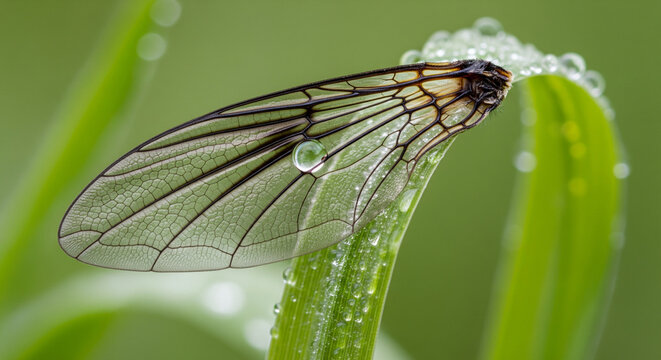 Delicate Insect Wing Resting on a Dewy Green Blade
An exquisite, high-magnification macro photograph showcasing the intricate structure of a translucent insect wing resting - Powered by Adobe
