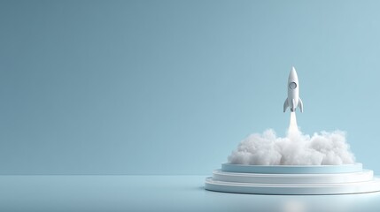A white rocket launches from a circular platform surrounded by clouds. The background is a soft blue, emphasizing the theme of space exploration and technology.