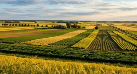 A picturesque rural landscape with lush green fields, a barn, and a clear blue sky in the background.