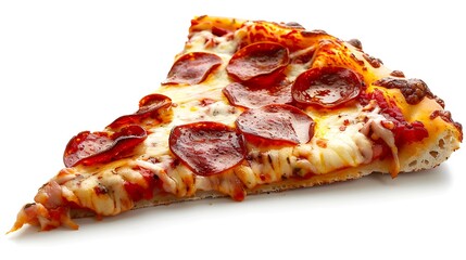 A single slice of pepperoni pizza with melted cheese on a white background close up studio shot
