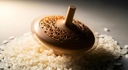 Artisan-Crafted Wooden Spinning Top with Intricate Carvings, Elegantly Balanced on a Textured Pile of White Rice Grains, Bathed in Soft, Evocative Light