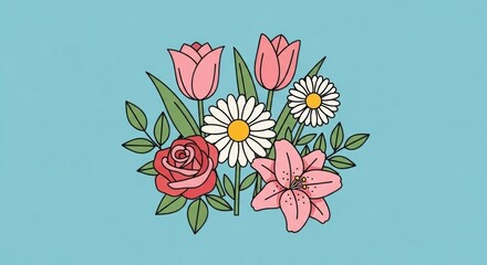 A colorful bouquet of flowers, including pink roses, white daisies, and pink lilies, against a light blue background.