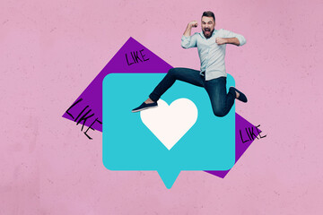 Collage of happy influencer like icon with heart symbolizing internet popularity social media trends