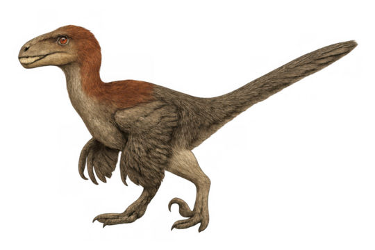 Feathered dinosaur, a velociraptor-like predator, standing and looking forward, representing prehistoric wildlife on transparent background