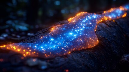 Glowing, bioluminescent slime flowing on wood at night.