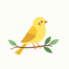 Yellow bird sitting calmly on leafy branch on white background