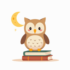 Cute owl standing on books under moonlight on white background