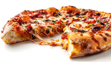 Close up of a freshly baked pizza with melted cheese and various toppings on a white background