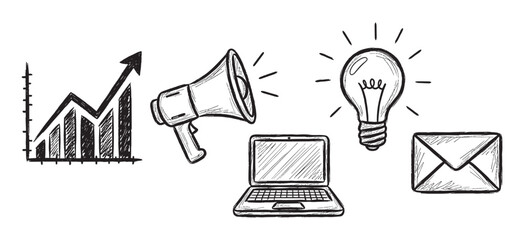 Hand-sketched illustration of essential digital marketing tools and concepts, featuring a rising bar graph, loudspeaker, innovative idea bulb, notebook computer, and a message envelope