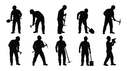 Construction workers with tools silhouettes isolated on white background, Vector