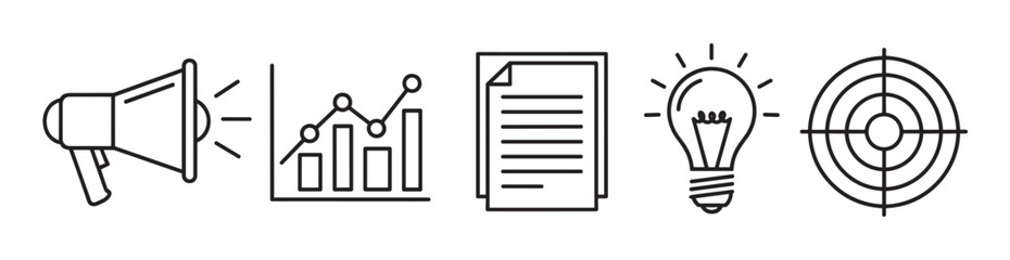 A collection of essential business and marketing symbols drawn in a simple line art style, featuring a bullhorn, data graph, report, creative idea, and objective target