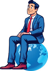 Vsai businessman sitting on top of world controlling global business
