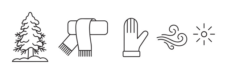 A set of winter weather and clothing icons including a snowy pine tree, a warm scarf, a mitten, a wind symbol, and a sun, all depicted in a simple black line art style
