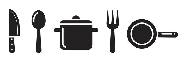 A minimalist set of black kitchen and cooking icons, including a knife, spoon, pot, fork, and frying pan, presented in a clean, graphic vector illustration style
