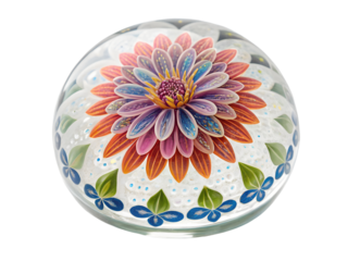 Beautiful glass paperweight with a colorful flower isolated on transparent background