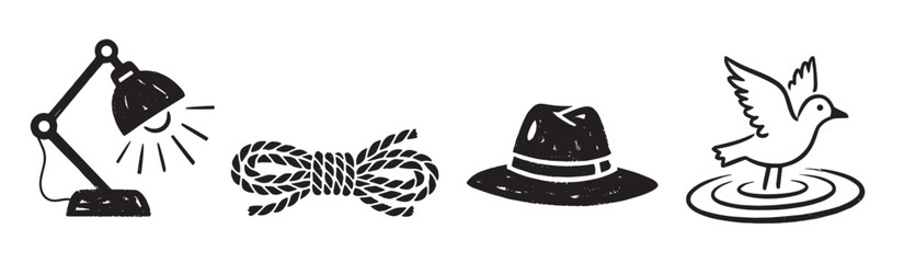 A set of four black ink icons with a textured stamp effect, featuring a desk lamp, coiled rope, a classic fedora hat, and a bird taking flight from water ripples