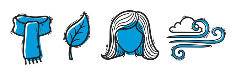Set of four seasonal icons in a hand-drawn sketch style depicting a cozy scarf, a single leaf, a female silhouette, and a blowing wind symbol for autumn weather
