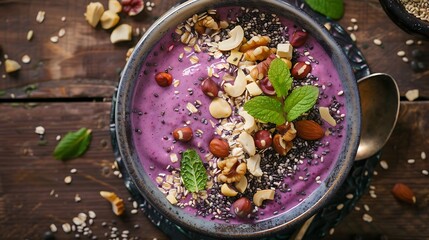Overhead view of a purple smoothie bowl topped with nuts seeds and mint on a wooden surface
